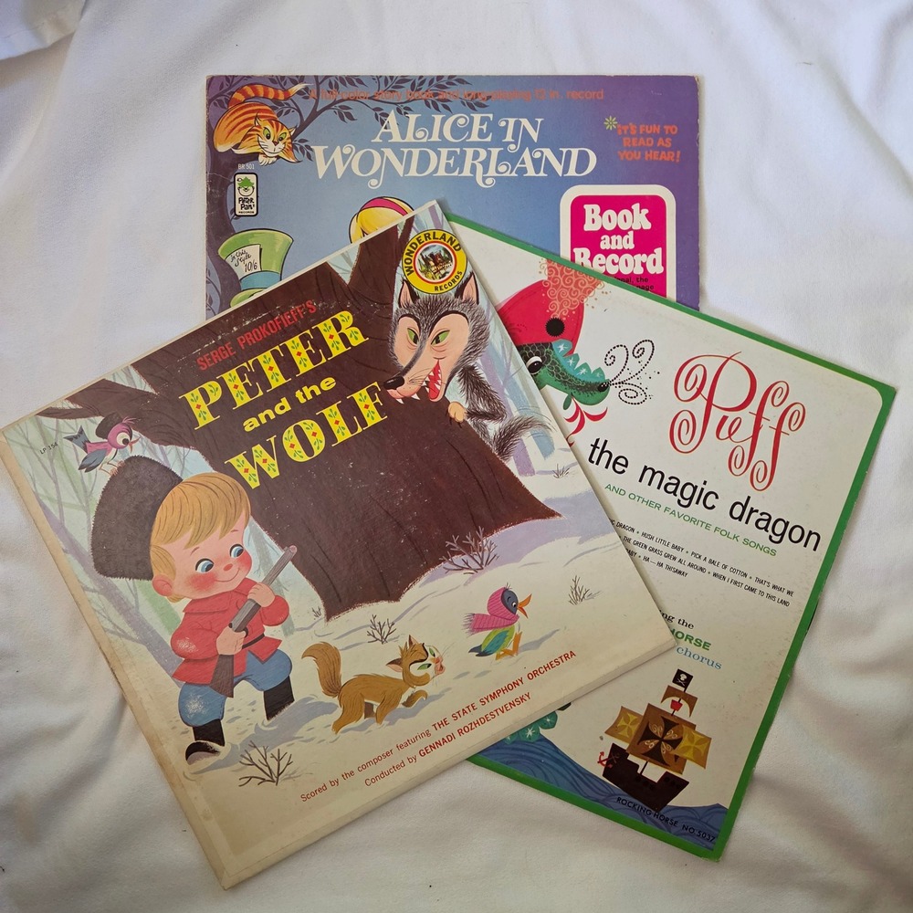 3 Vtg Children's LPs Alice in Wonderland Peter & the Wolf Puff the Magic Dragon